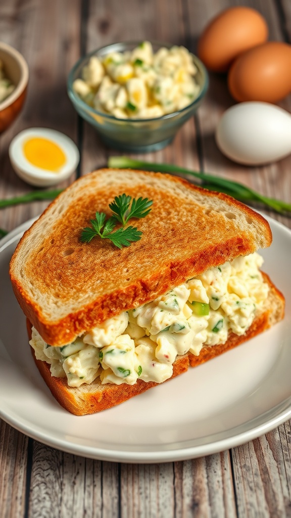 A classic egg salad sandwich cut in half, revealing creamy egg filling with celery, served on a wooden table with a bowl of egg salad and whole eggs.